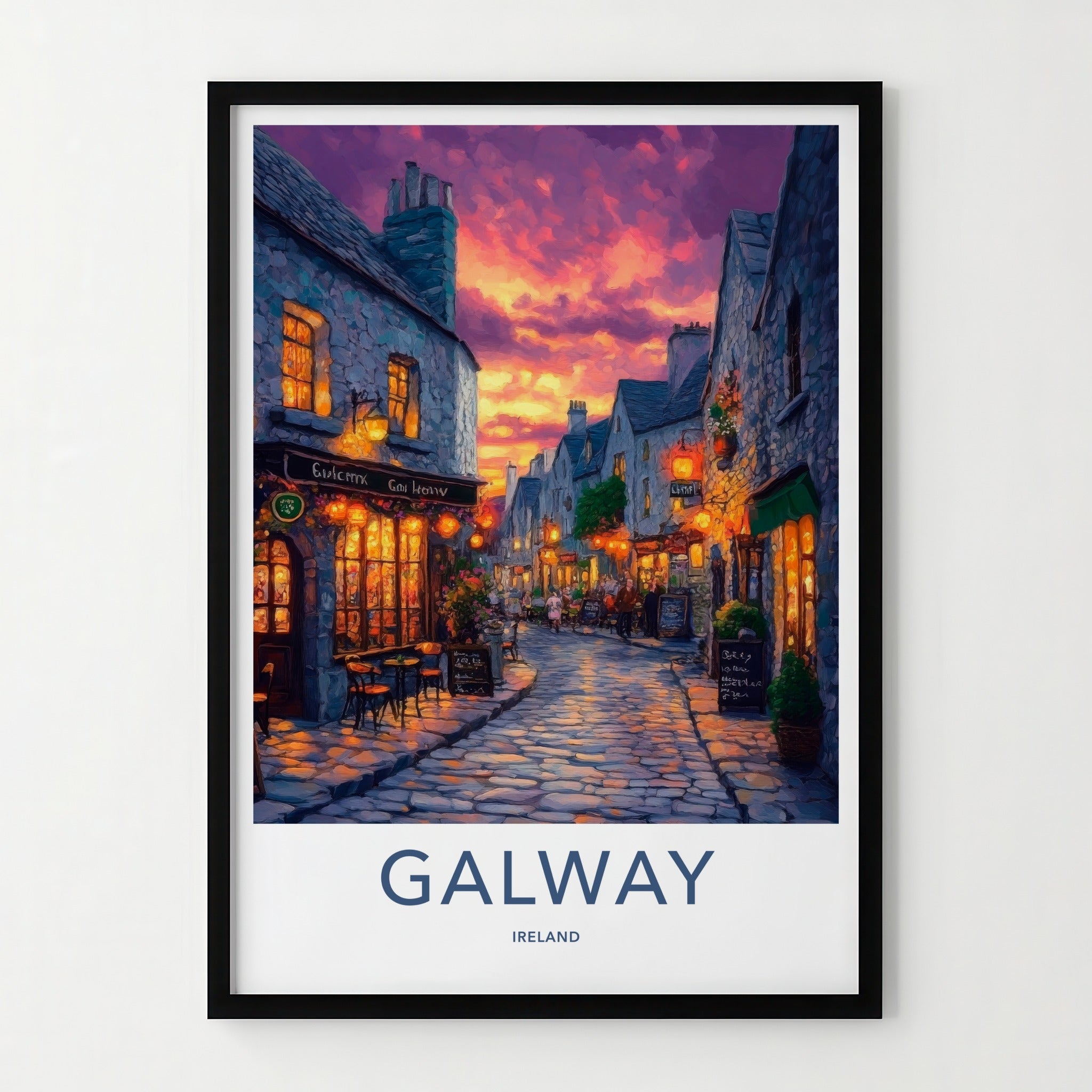 Galway Poster - Ireland Travel Art - Illuminated Street Scene Home Decor