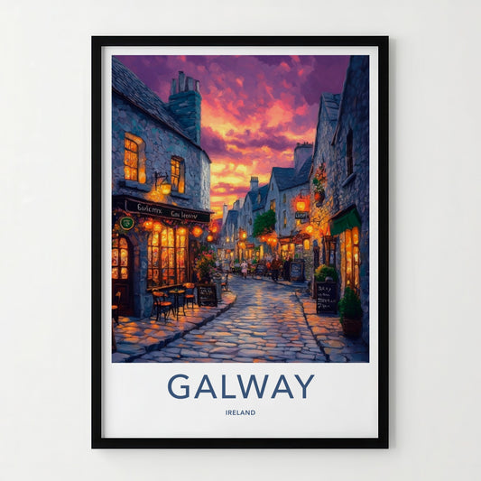 Galway Poster - Ireland Travel Art - Illuminated Street Scene Home Decor