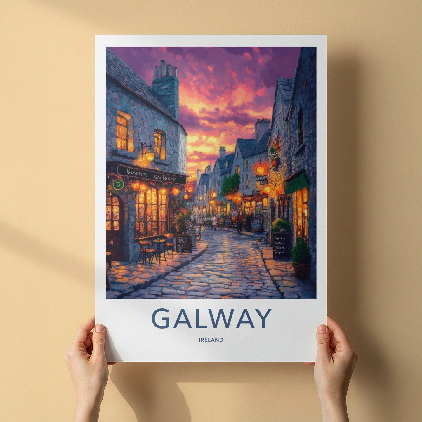Galway Poster - Ireland Travel Art - Illuminated Street Scene Home Decor