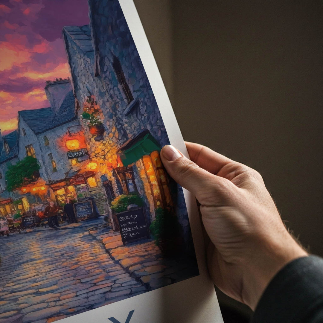 Galway Poster - Ireland Travel Art - Illuminated Street Scene Home Decor