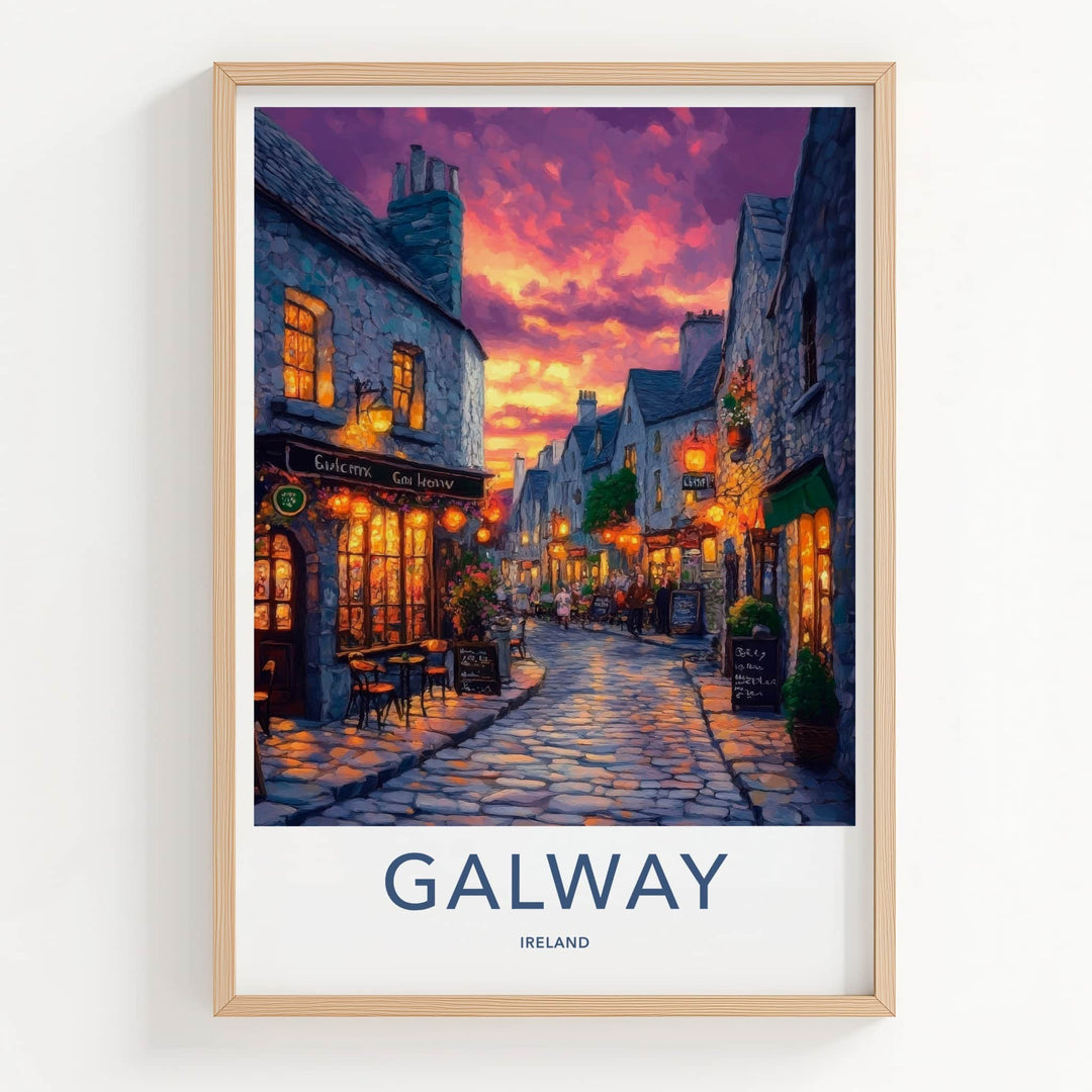 Galway Poster - Ireland Travel Art - Illuminated Street Scene Home Decor
