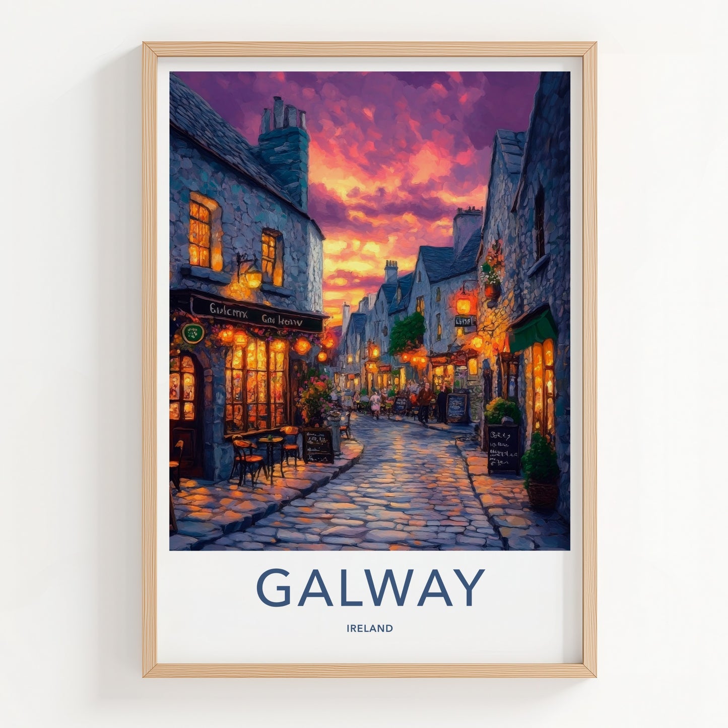 Galway Poster - Ireland Travel Art - Illuminated Street Scene Home Decor
