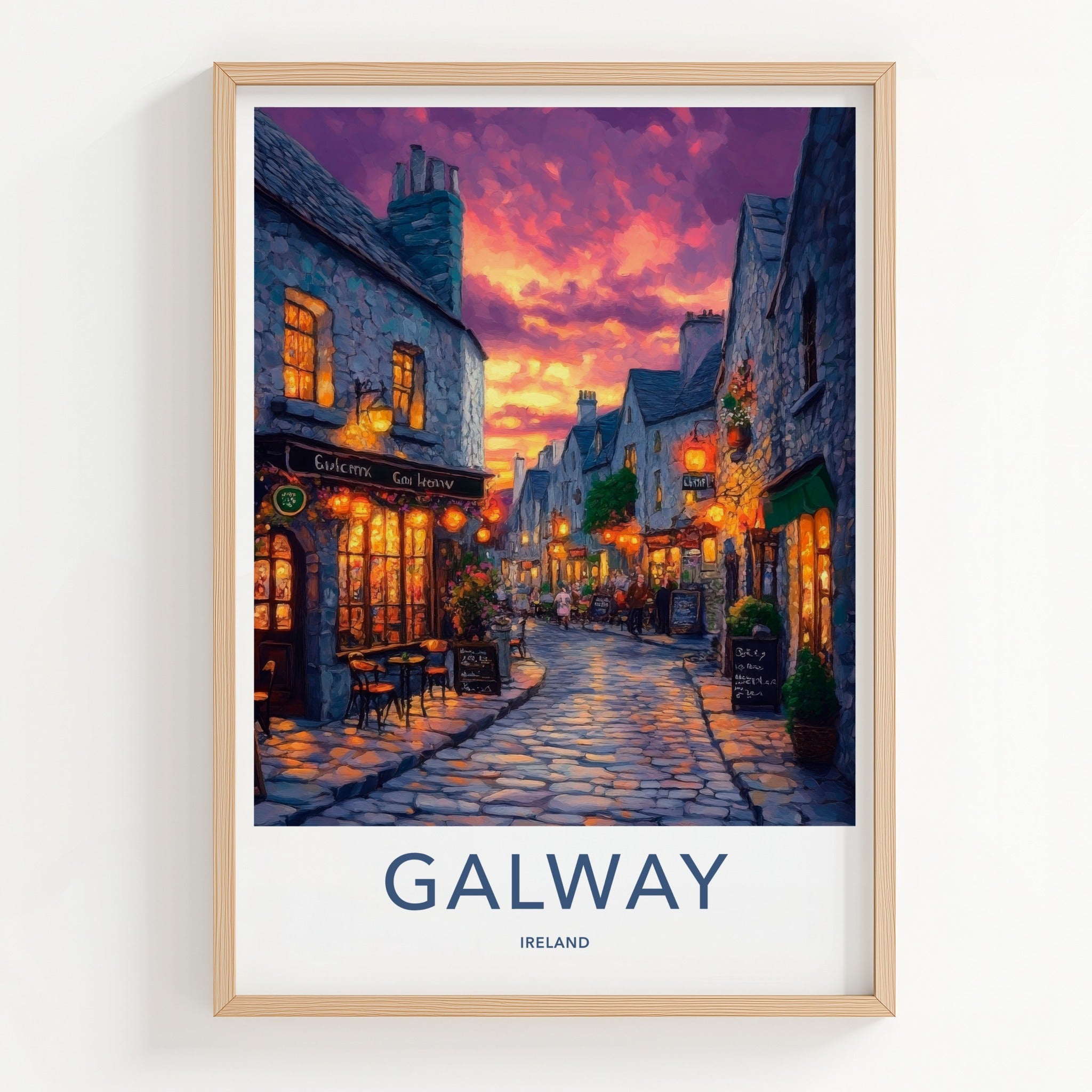 Galway Poster - Ireland Travel Art - Illuminated Street Scene Home Decor