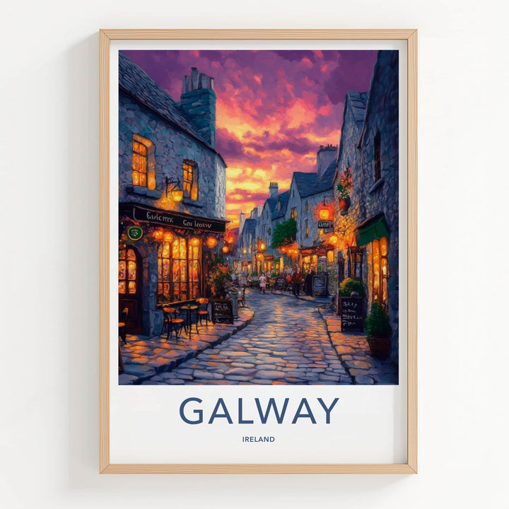 Galway Poster - Ireland Travel Art - Illuminated Street Scene Home Decor