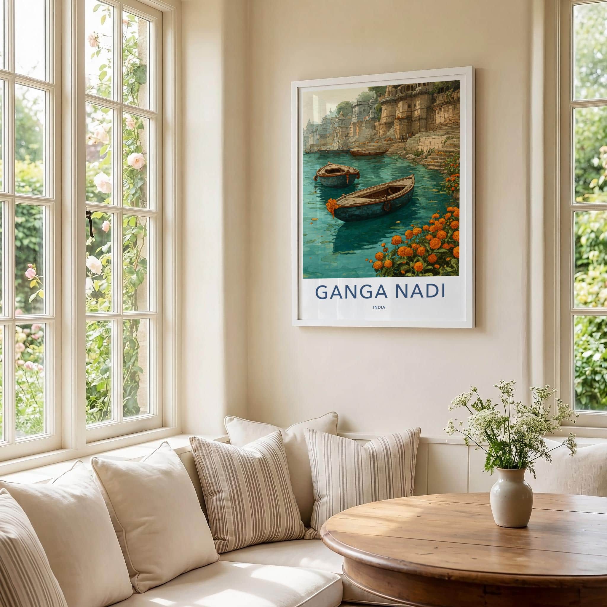 Ganga Nadi Poster - India Travel Art - Uttar Pradesh Boats Ghats Home Decor