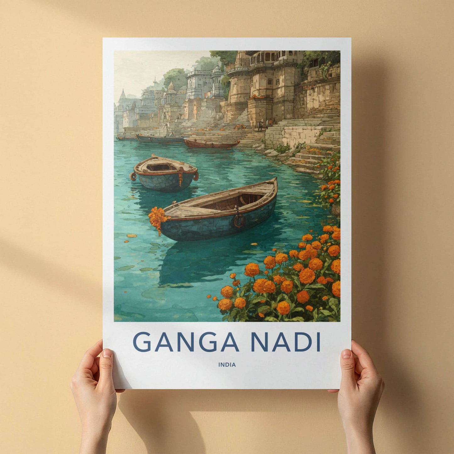 Ganga Nadi Poster - India Travel Art - Uttar Pradesh Boats Ghats Home Decor