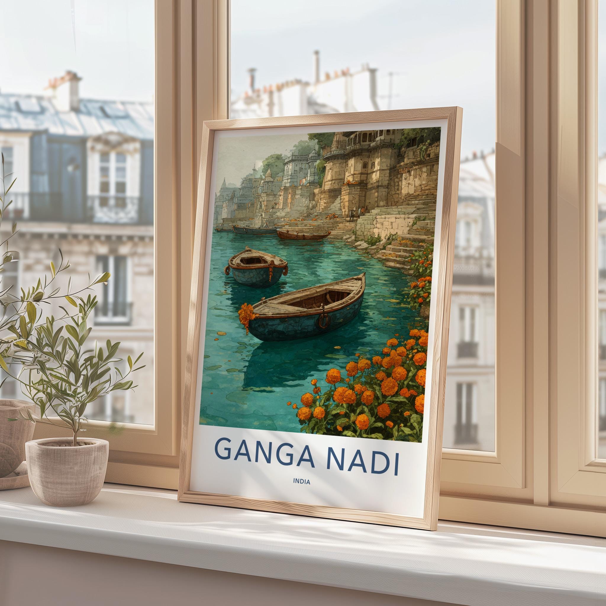 Ganga Nadi Poster - India Travel Art - Uttar Pradesh Boats Ghats Home Decor