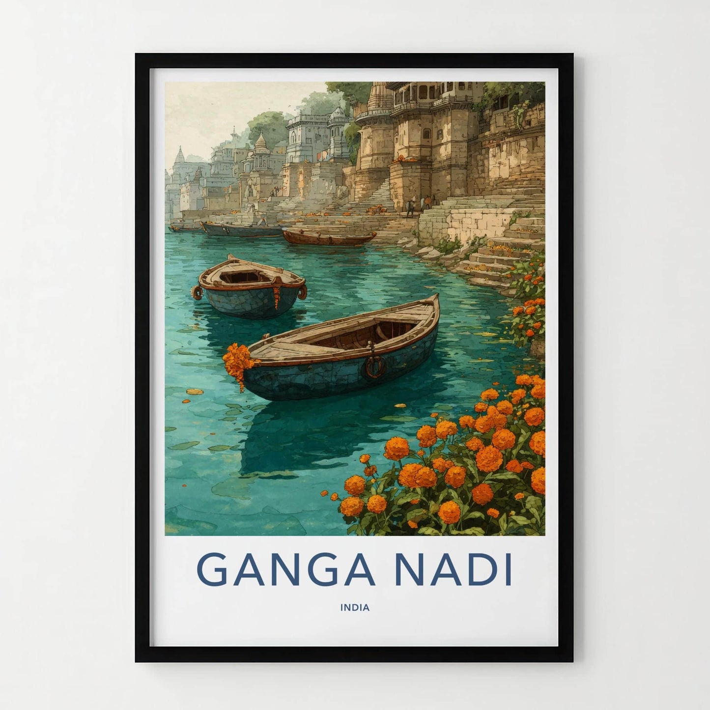 Ganga Nadi Poster - India Travel Art - Uttar Pradesh Boats Ghats Home Decor