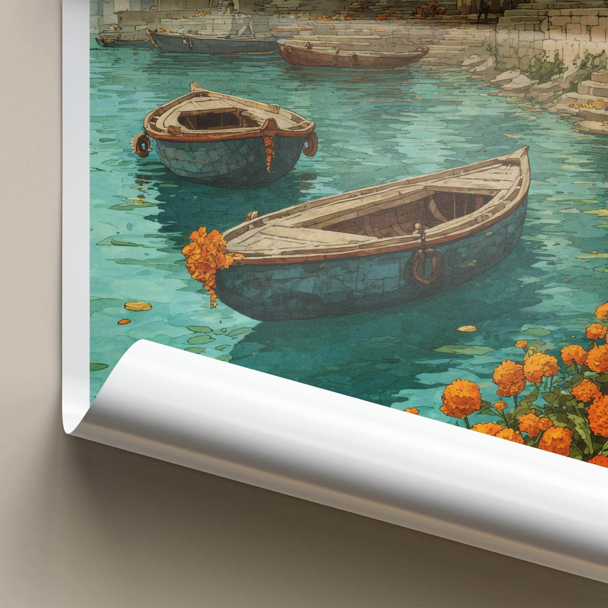 Ganga Nadi Poster - India Travel Art - Uttar Pradesh Boats Ghats Home Decor
