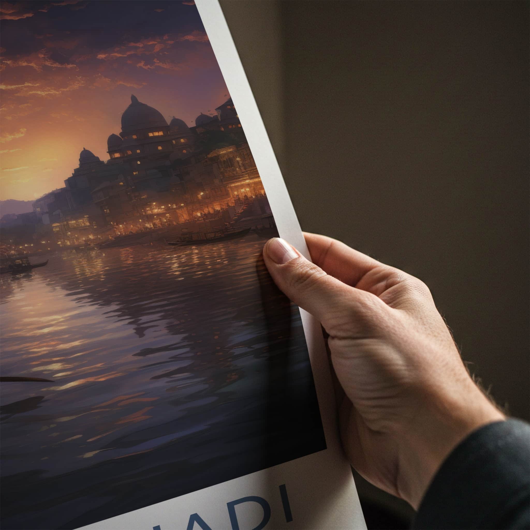 Ganga Nadi Poster - India Travel Art - Uttarakhand River Sunset Boats Home Decor