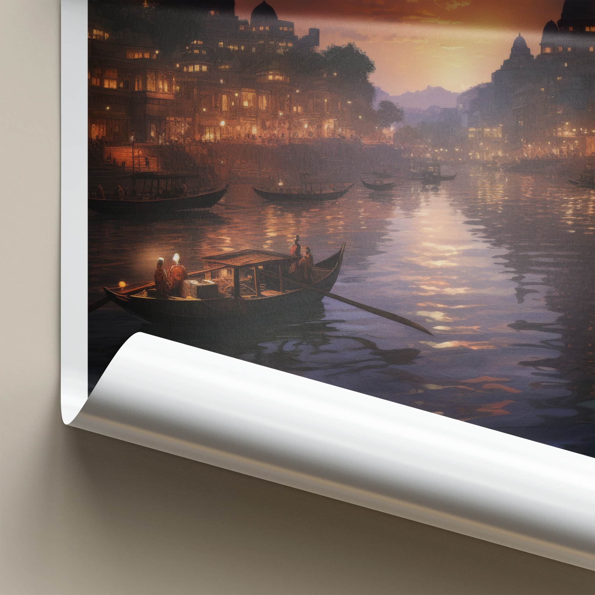 Ganga Nadi Poster - India Travel Art - Uttarakhand River Sunset Boats Home Decor
