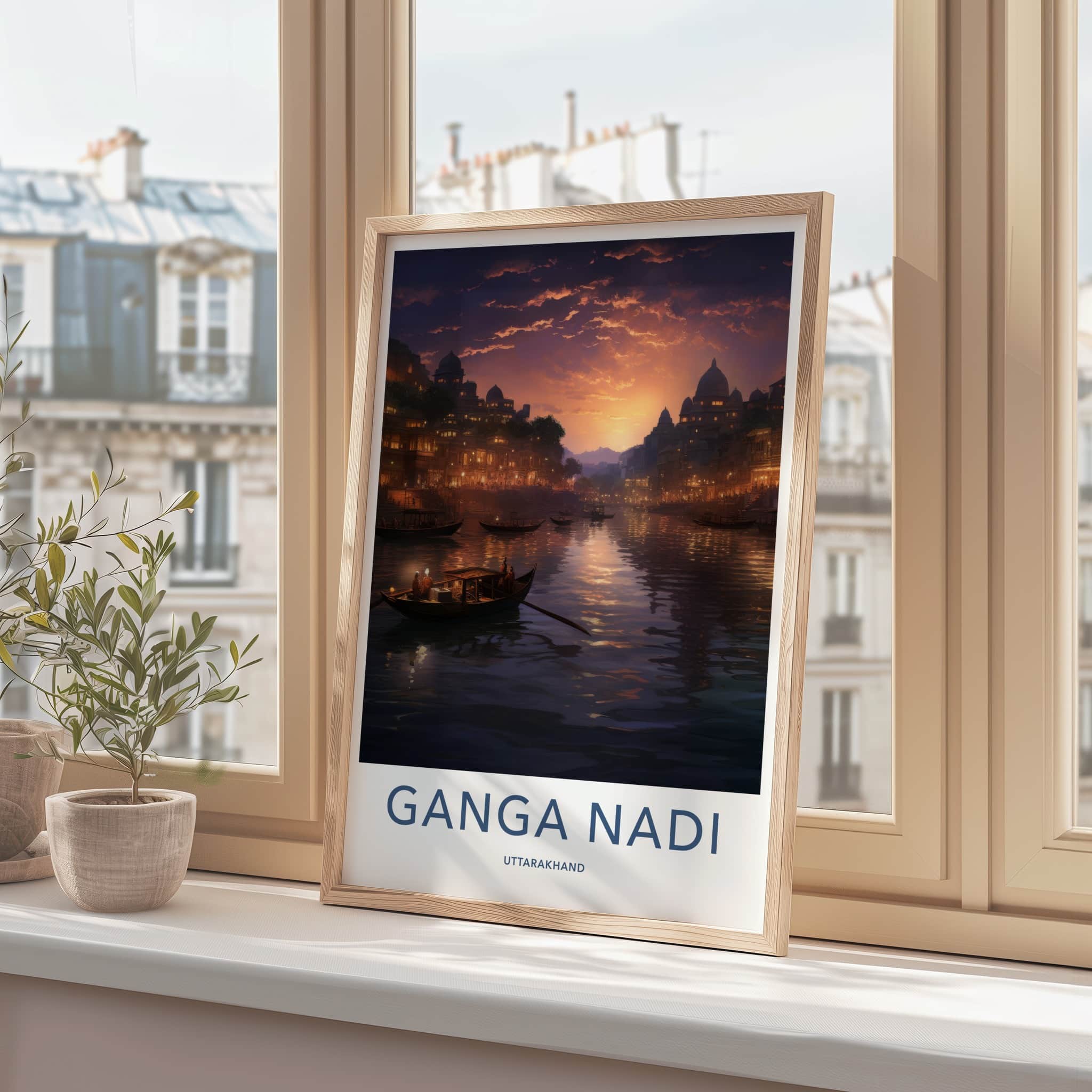 Ganga Nadi Poster - India Travel Art - Uttarakhand River Sunset Boats Home Decor