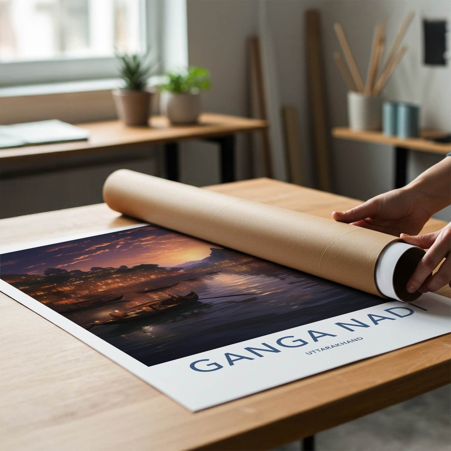 Ganga Nadi Poster - India Travel Art - Uttarakhand River Sunset Boats Home Decor