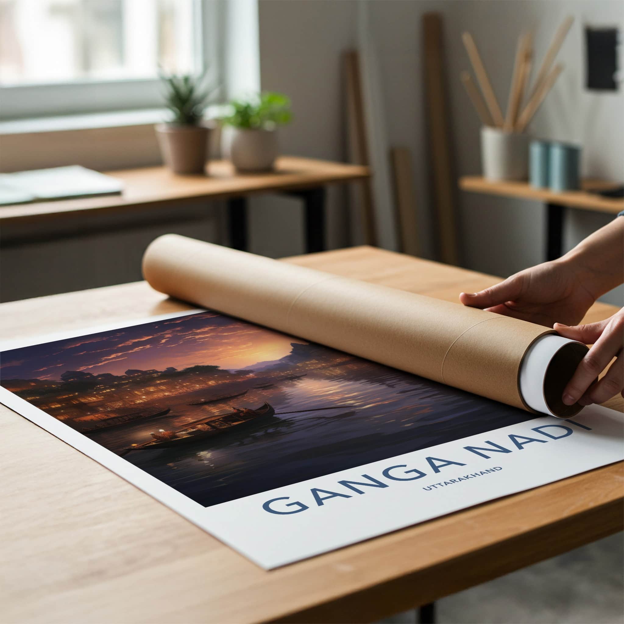 Ganga Nadi Poster - India Travel Art - Uttarakhand River Sunset Boats Home Decor