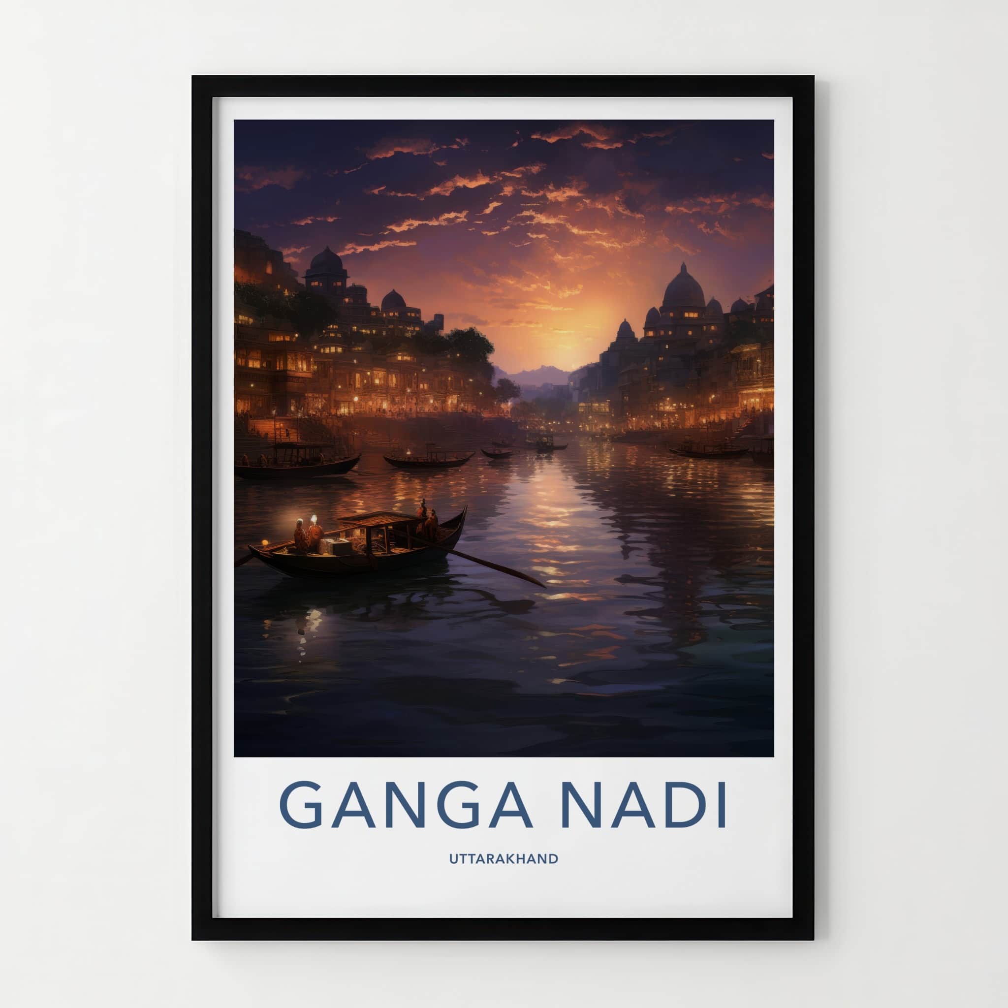 Ganga Nadi Poster - India Travel Art - Uttarakhand River Sunset Boats Home Decor