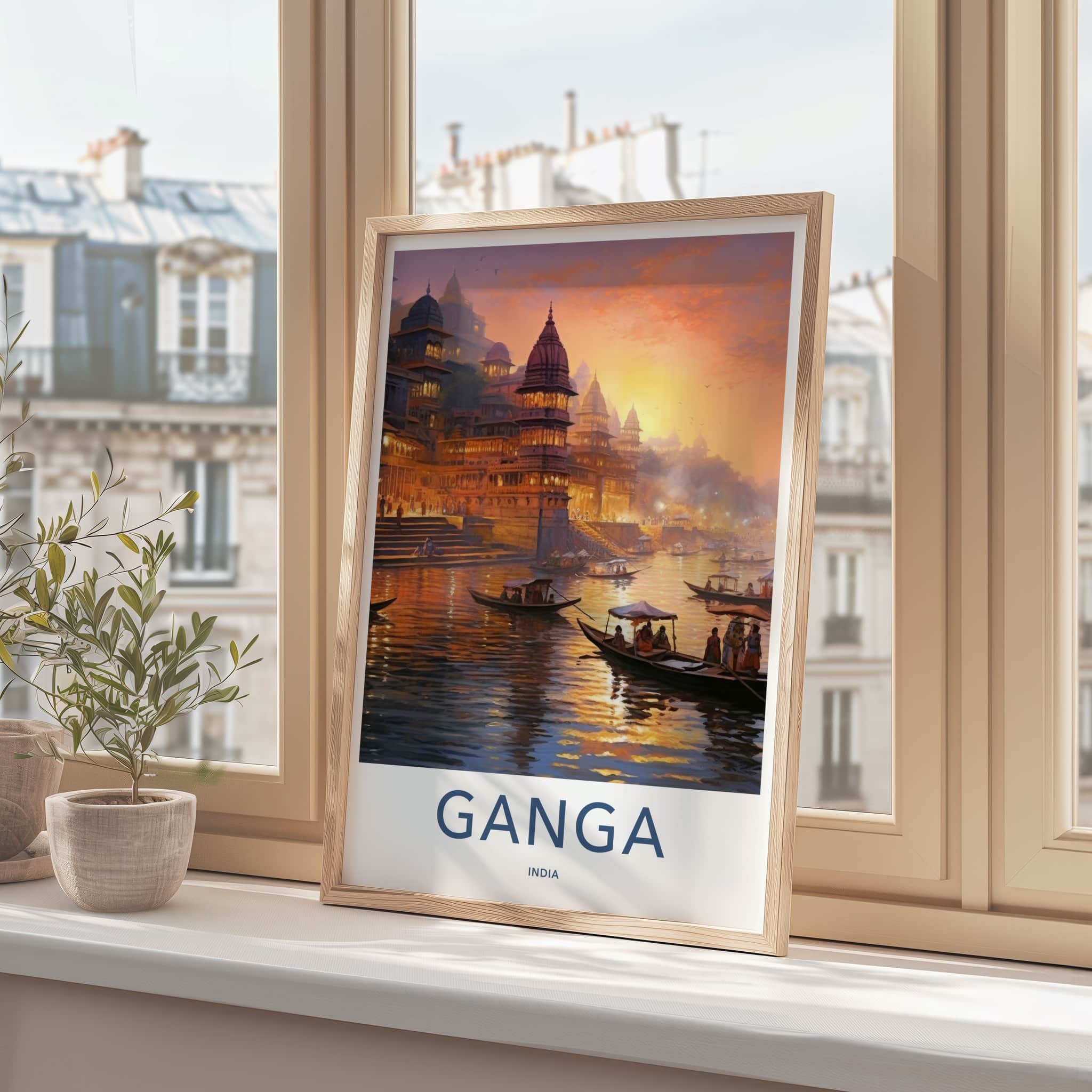 Ganga Poster - India Travel Art - Uttar Pradesh Ghats Temple River Home Decor