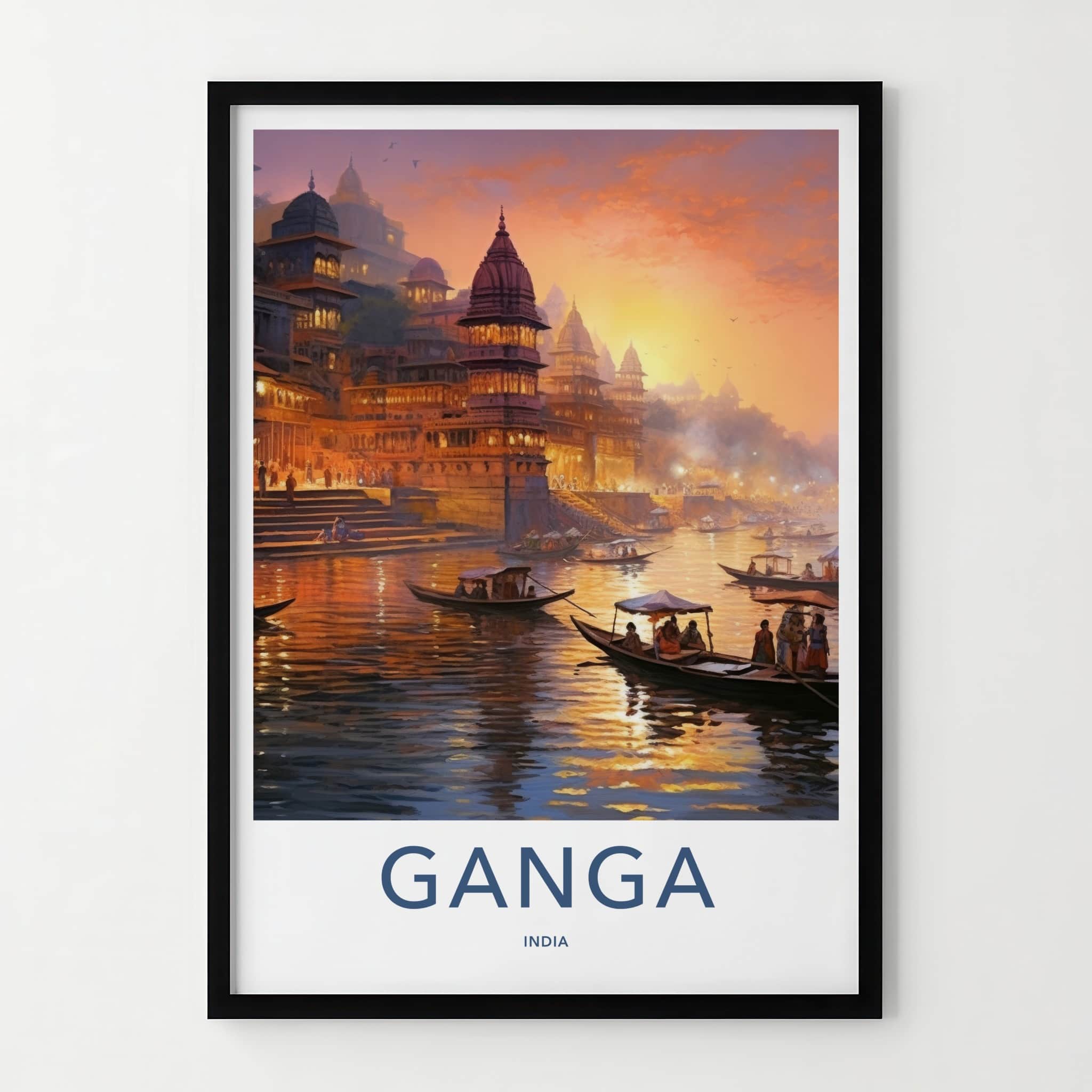 Ganga Poster - India Travel Art - Uttar Pradesh Ghats Temple River Home Decor
