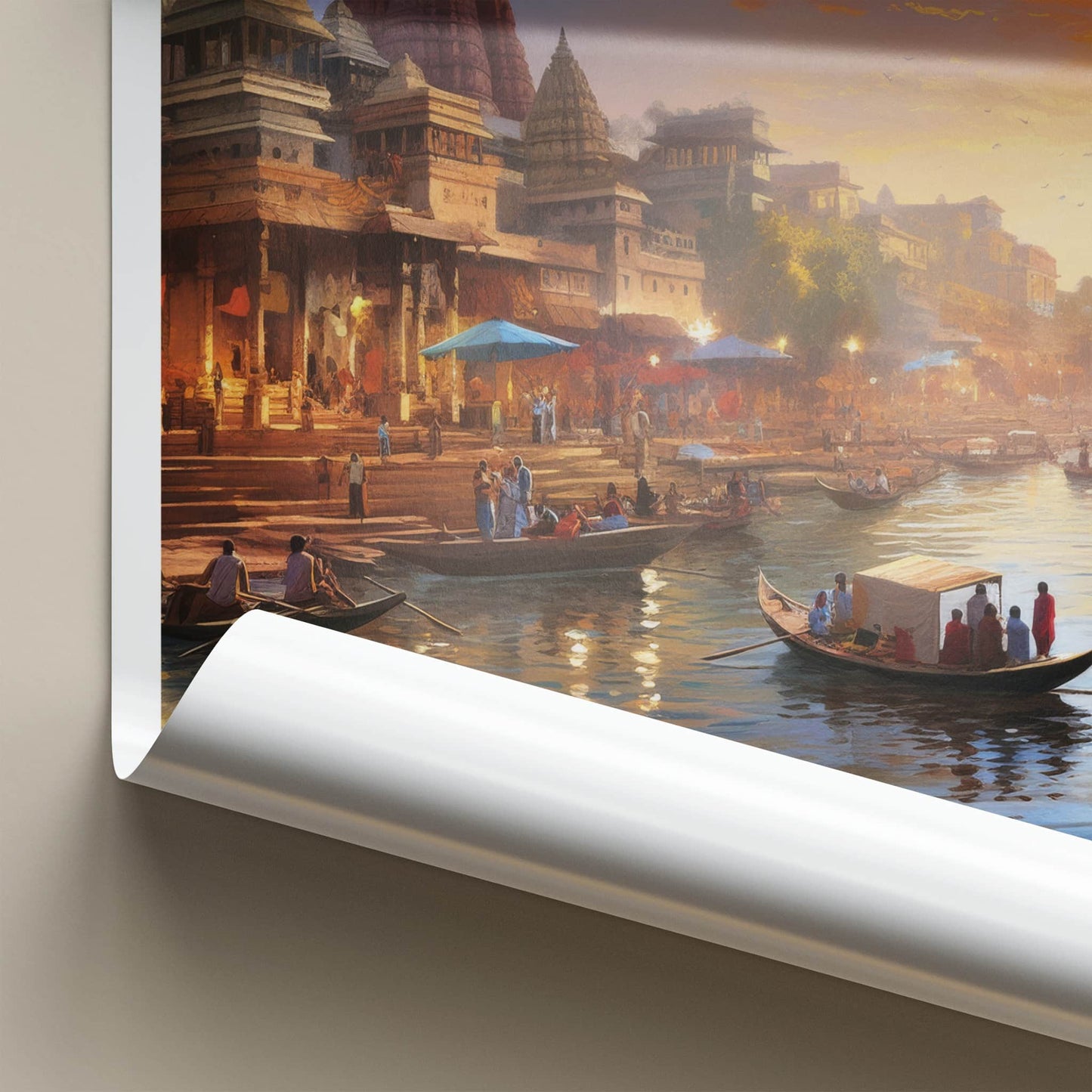 Ganga Poster - India Travel Art - Uttar Pradesh River Boats Sunset Home Decor