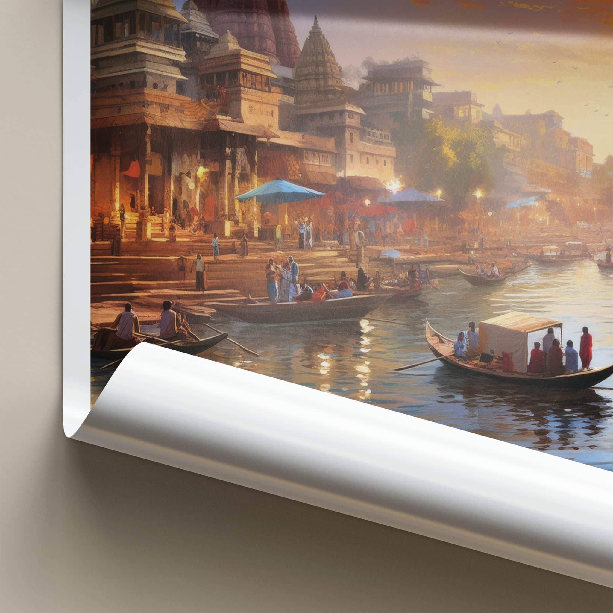 Ganga Poster - India Travel Art - Uttar Pradesh River Boats Sunset Home Decor