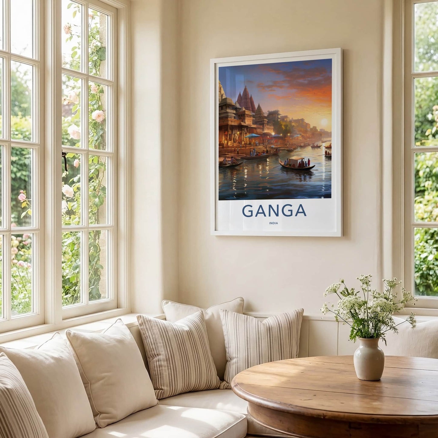 Ganga Poster - India Travel Art - Uttar Pradesh River Boats Sunset Home Decor