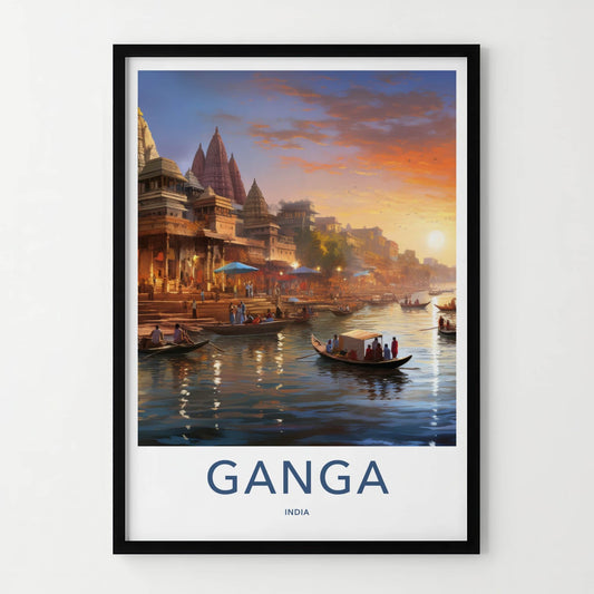 Ganga Poster - India Travel Art - Uttar Pradesh River Boats Sunset Home Decor