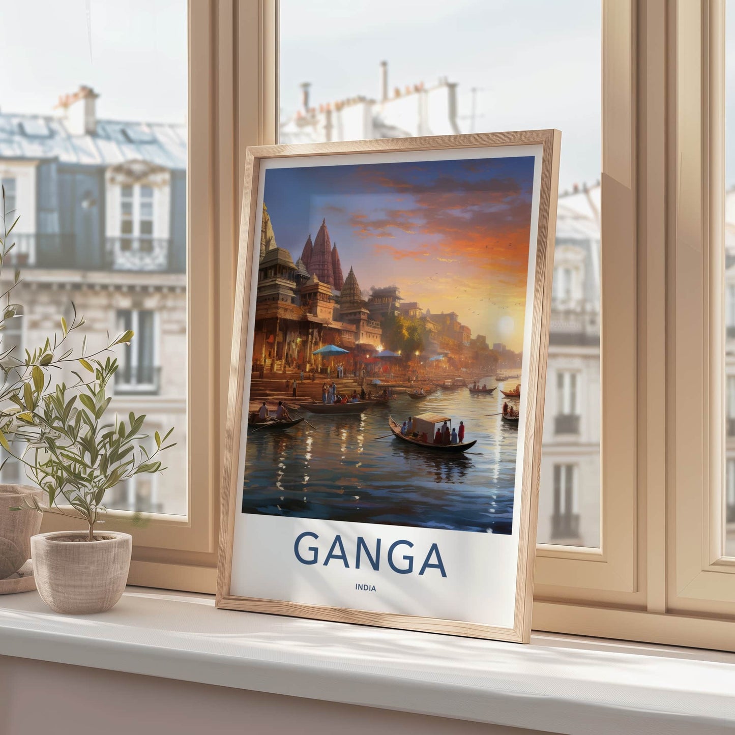 Ganga Poster - India Travel Art - Uttar Pradesh River Boats Sunset Home Decor