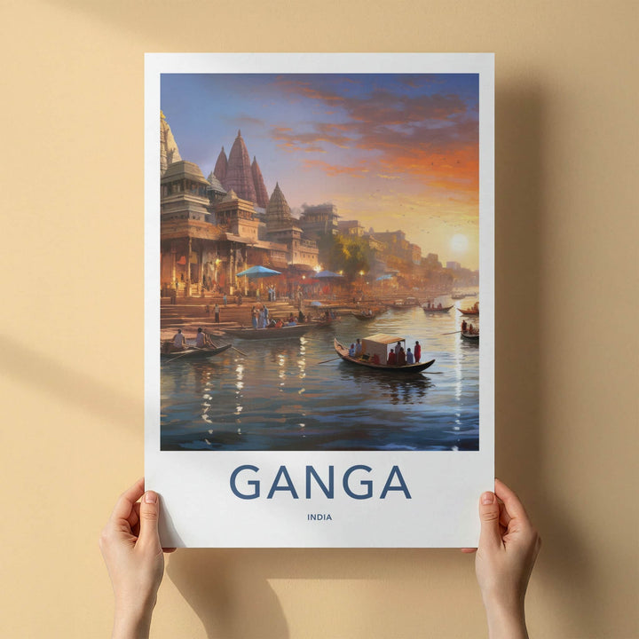 Ganga Poster - India Travel Art - Uttar Pradesh River Boats Sunset Home Decor