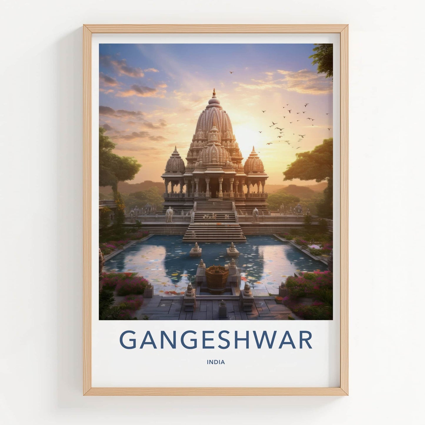 Gangeshwar Poster - India Travel Art - Gujarat Ornate Temple Pond Home Decor