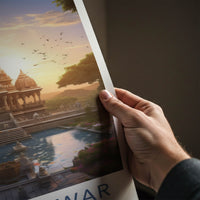 Gangeshwar Poster - India Travel Art - Gujarat Ornate Temple Pond Home Decor