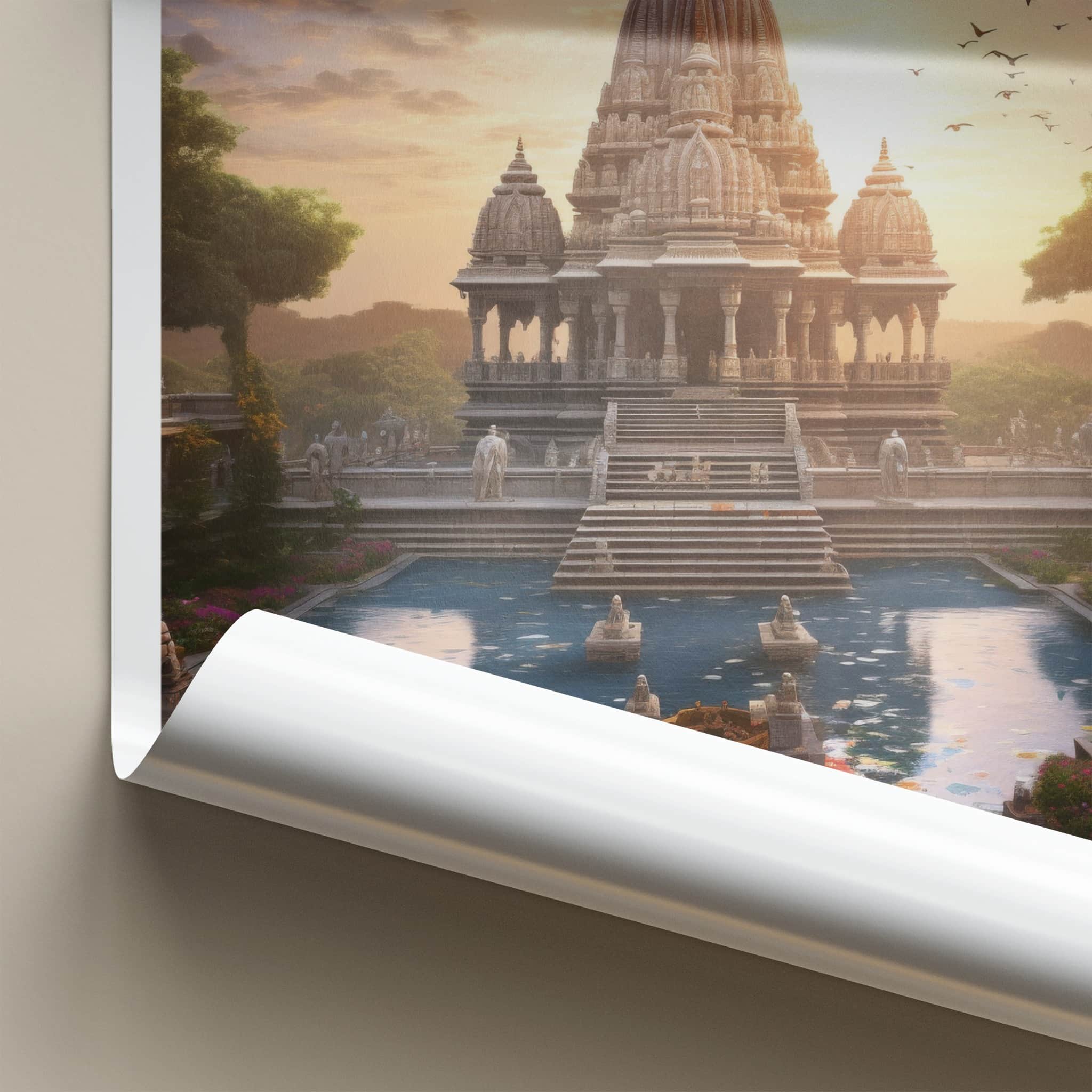Gangeshwar Poster - India Travel Art - Gujarat Ornate Temple Pond Home Decor