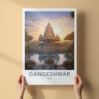 Gangeshwar Poster - India Travel Art - Gujarat Ornate Temple Pond Home Decor