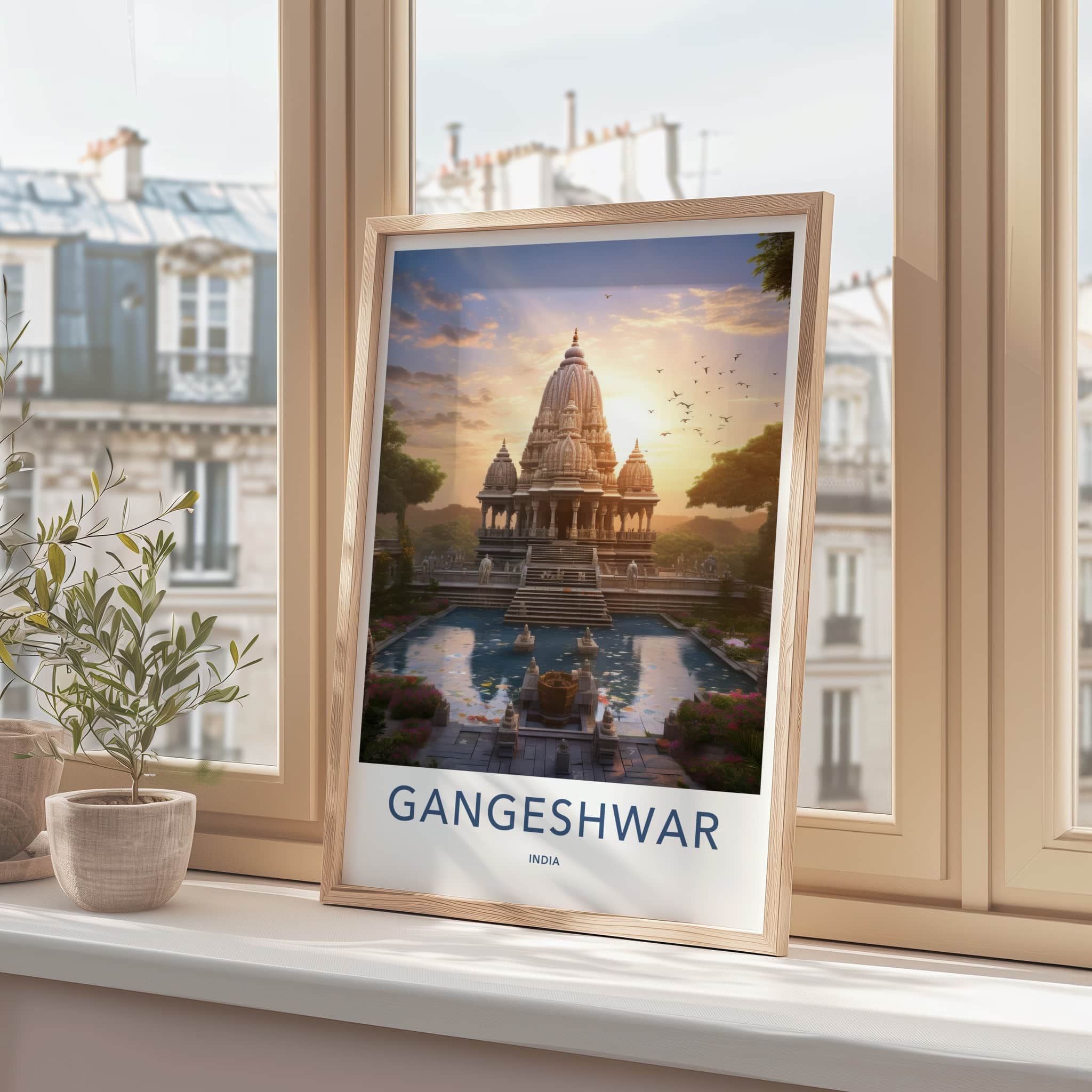Gangeshwar Poster - India Travel Art - Gujarat Ornate Temple Pond Home Decor