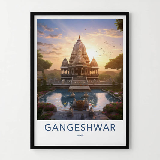 Gangeshwar Poster - India Travel Art - Gujarat Ornate Temple Pond Home Decor