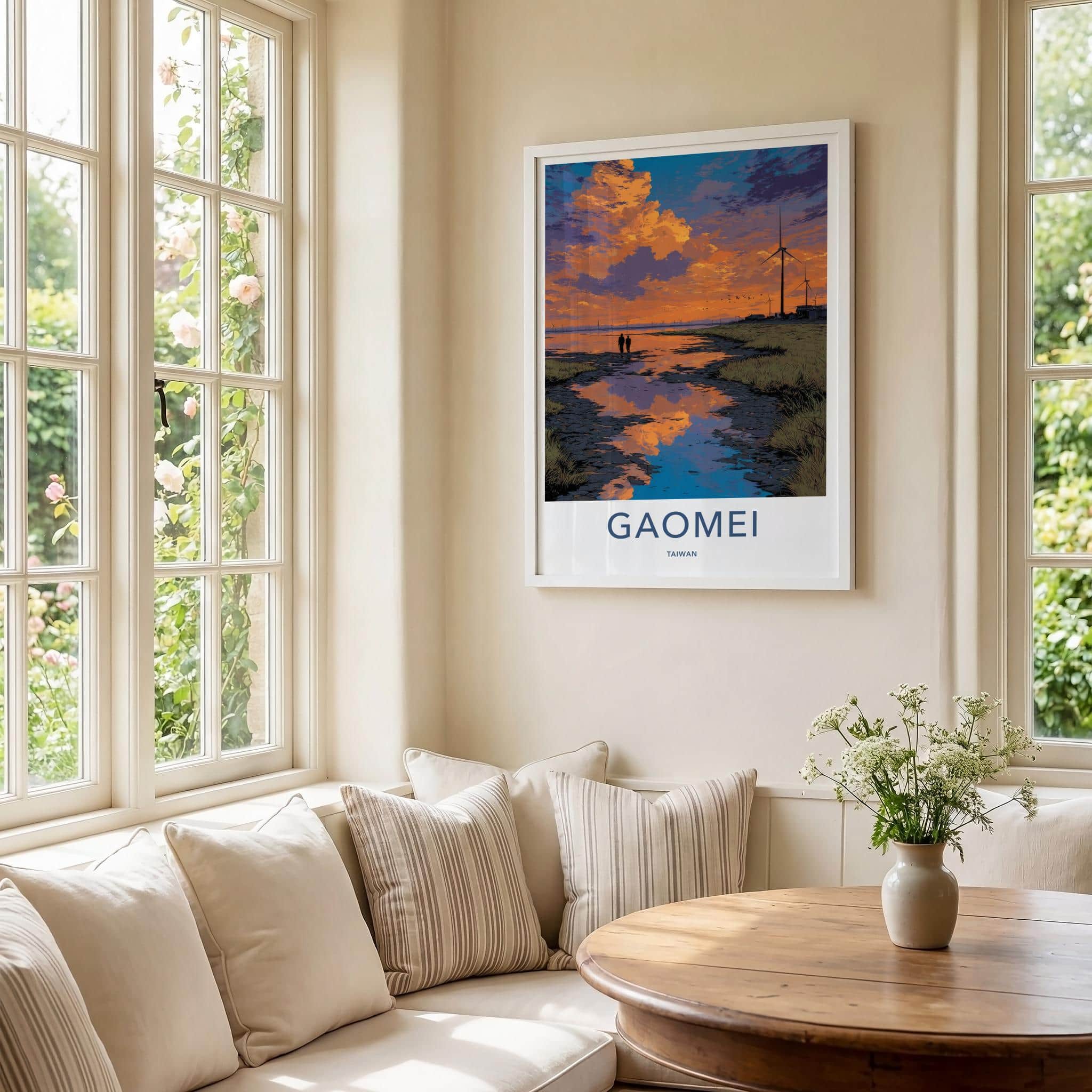 Gaomei Poster - Taiwan Travel Art - Coastal Sunset Windmills Home Decor