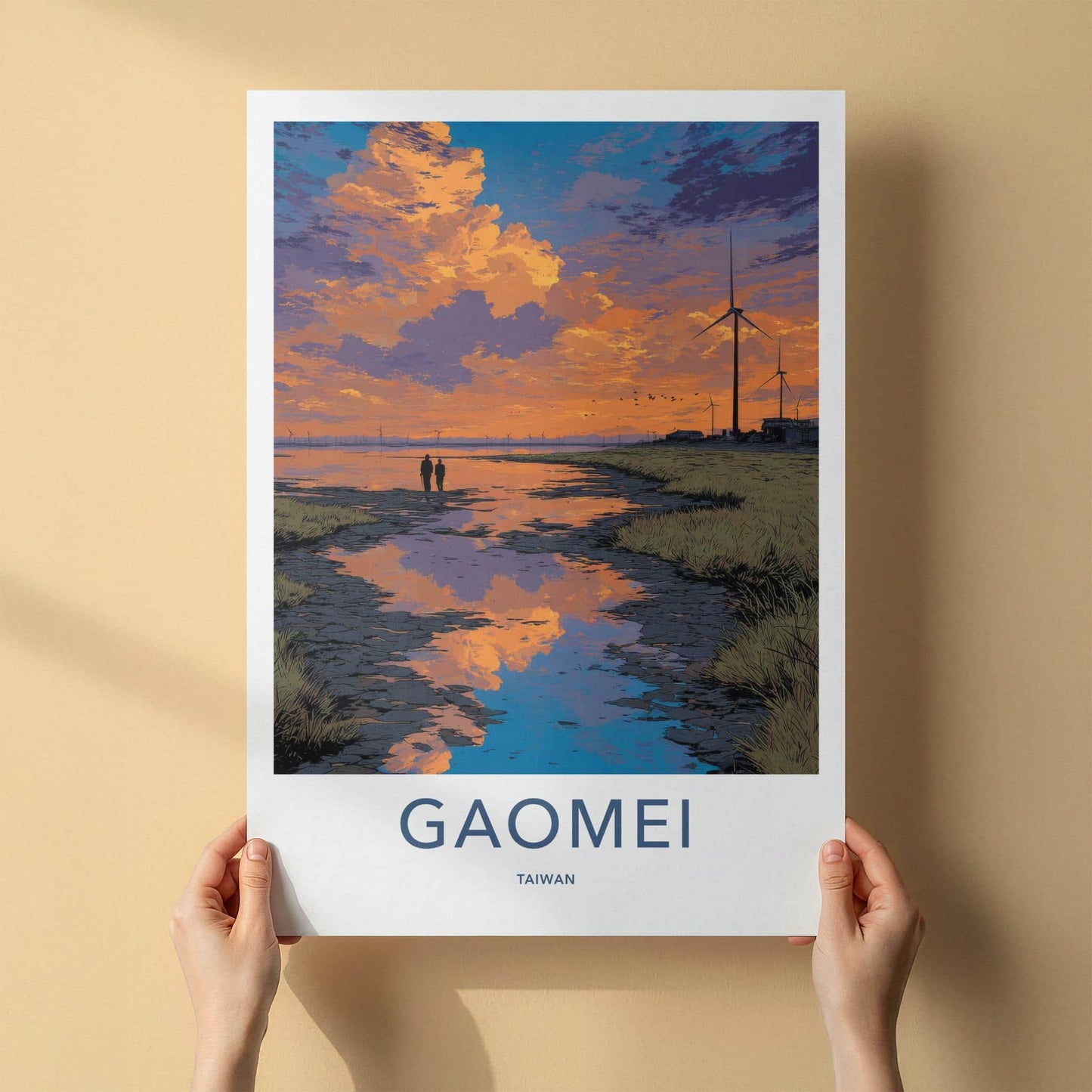 Gaomei Poster - Taiwan Travel Art - Coastal Sunset Windmills Home Decor