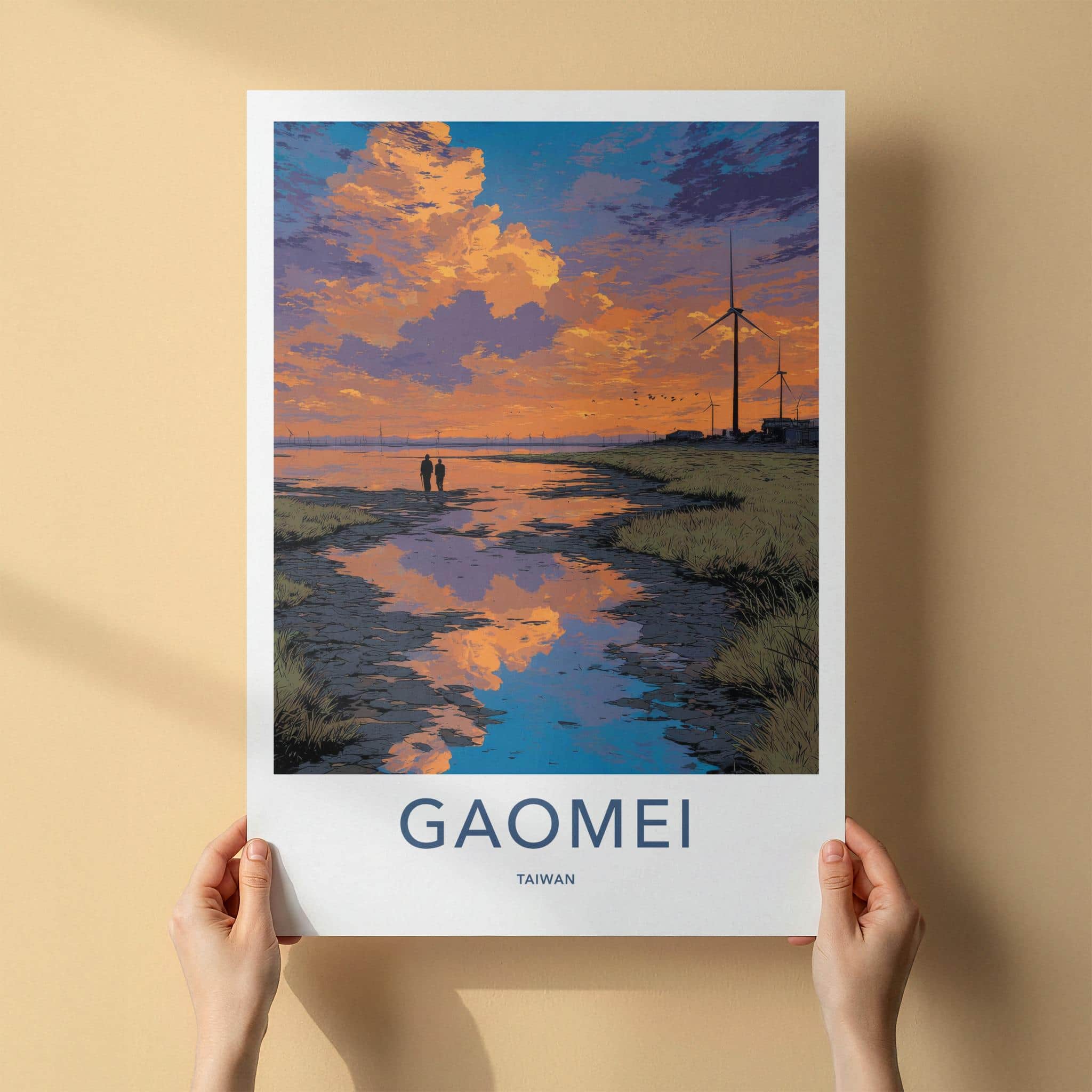 Gaomei Poster - Taiwan Travel Art - Coastal Sunset Windmills Home Decor
