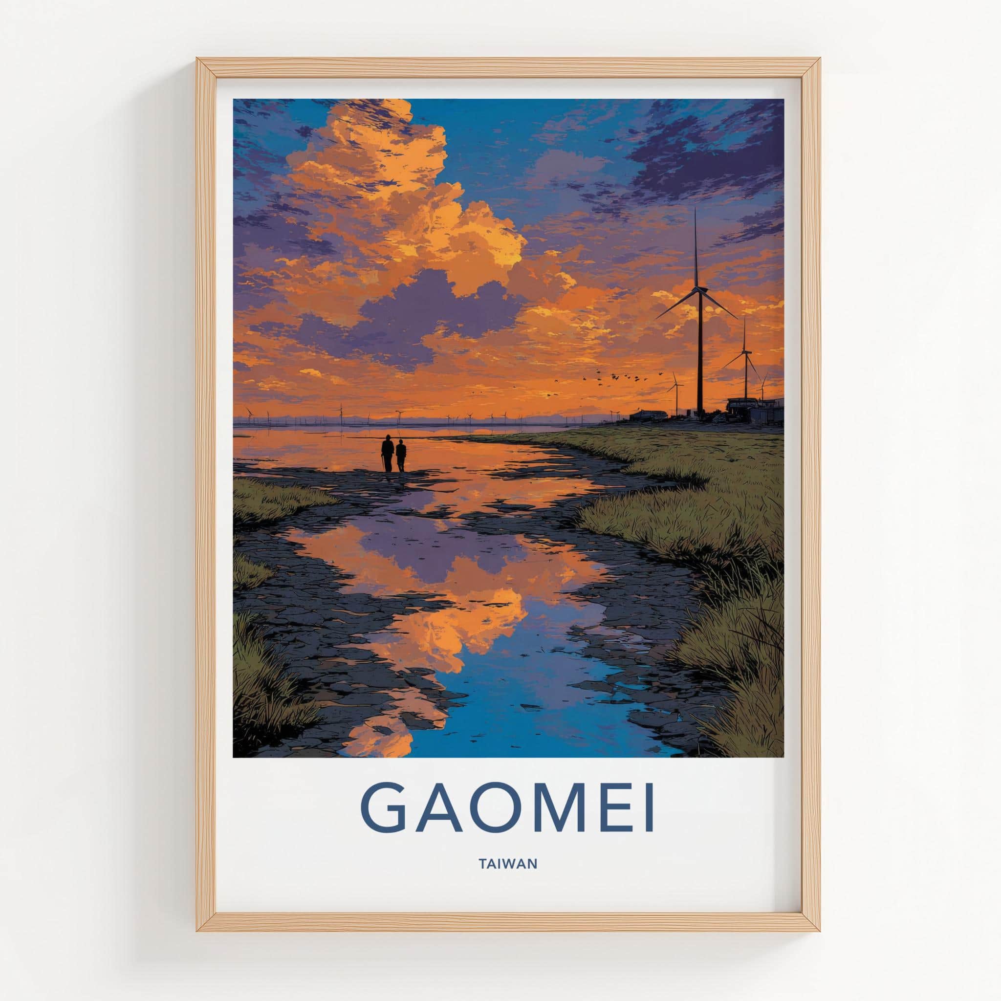 Gaomei Poster - Taiwan Travel Art - Coastal Sunset Windmills Home Decor