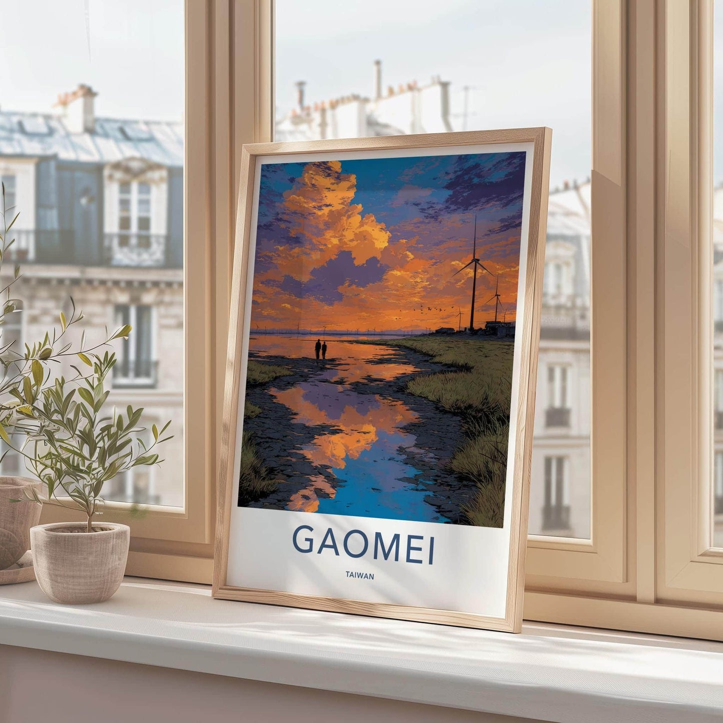 Gaomei Poster - Taiwan Travel Art - Coastal Sunset Windmills Home Decor