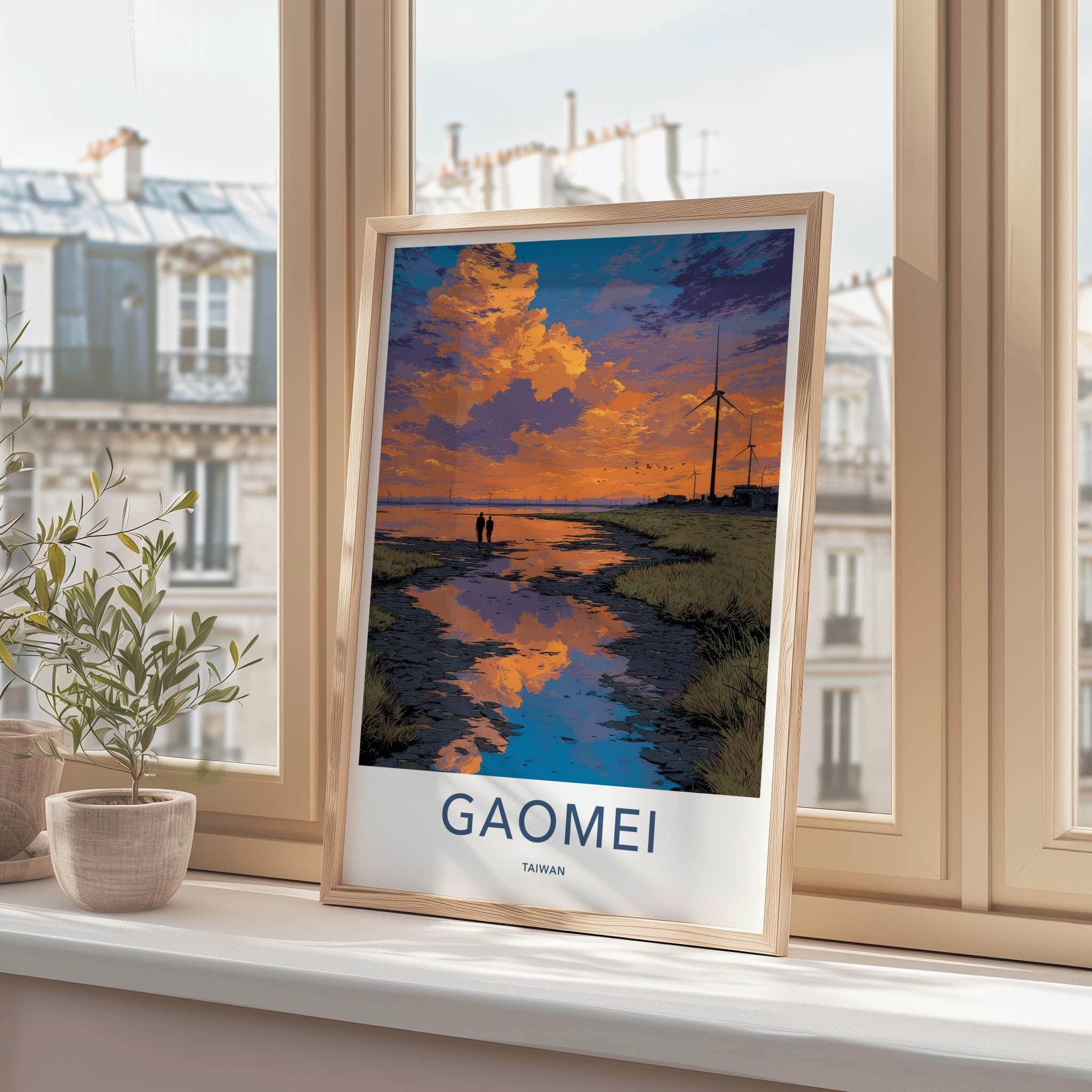 Gaomei Poster - Taiwan Travel Art - Coastal Sunset Windmills Home Decor
