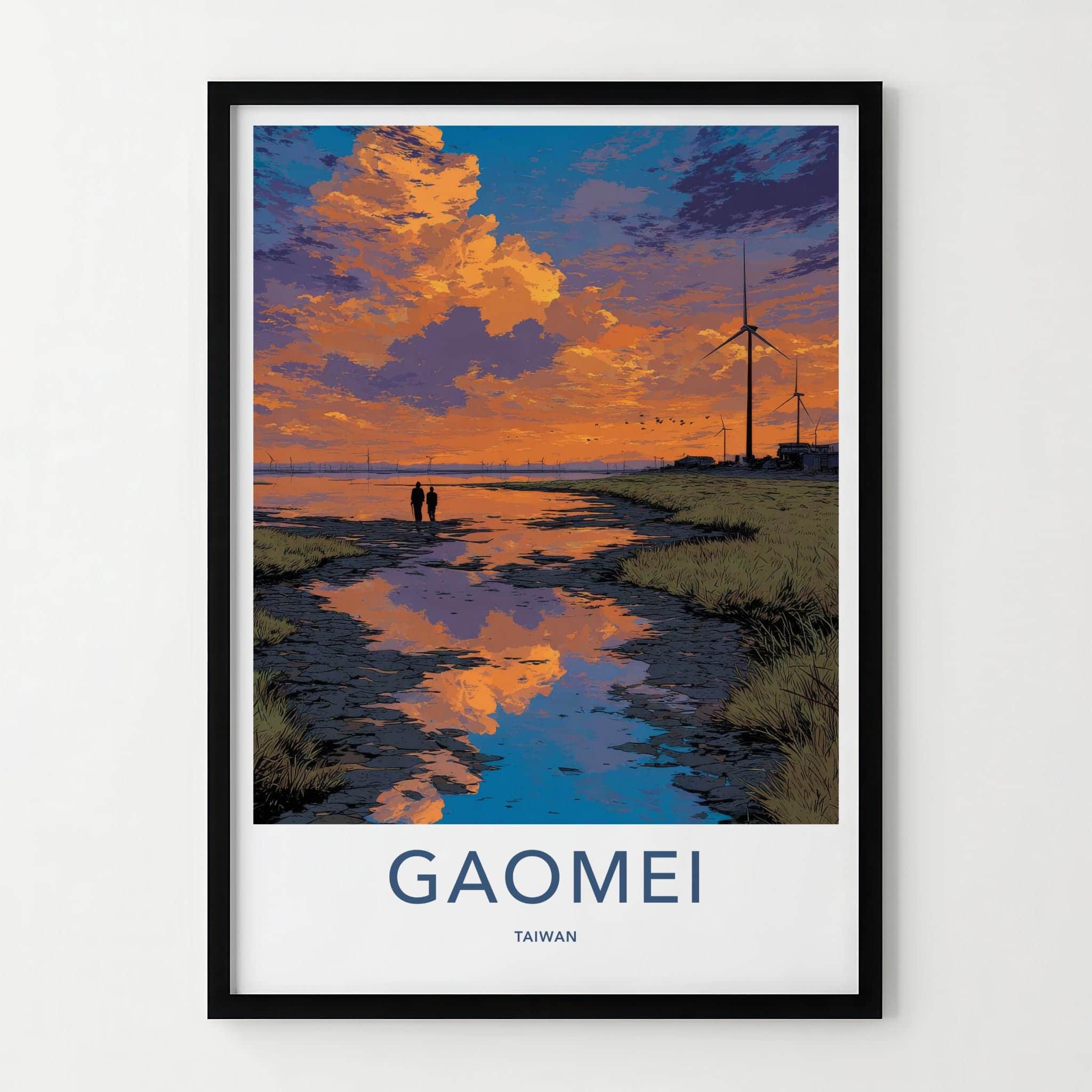 Gaomei Poster - Taiwan Travel Art - Coastal Sunset Windmills Home Decor