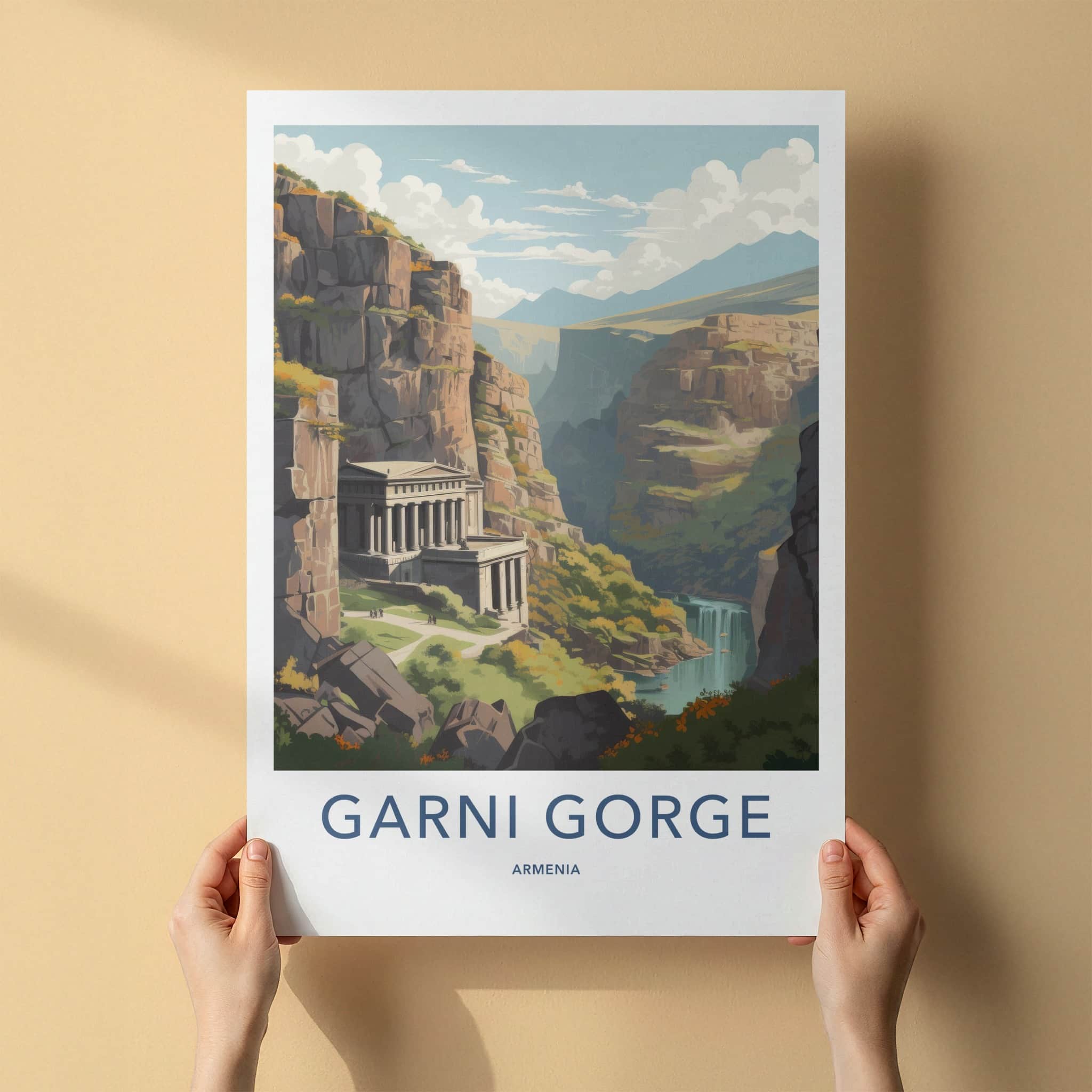 Garni Gorge Poster - Armenia Travel Art - Ancient Temple Waterfall Home Decor