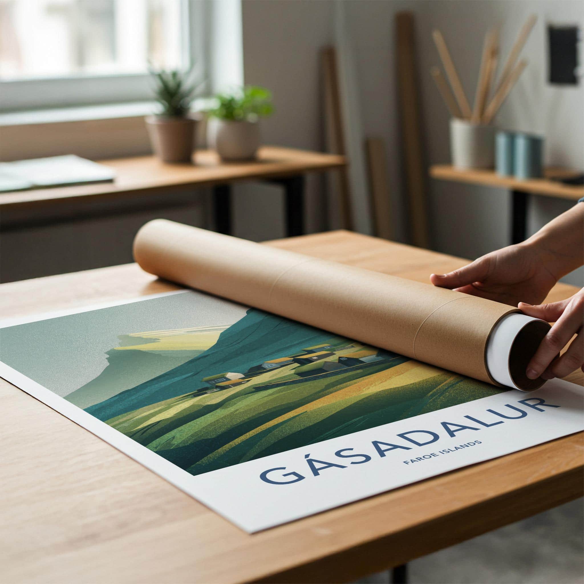 Gasadalur Poster - Faroe Islands Travel Art - Grassy Roof Village Home Decor