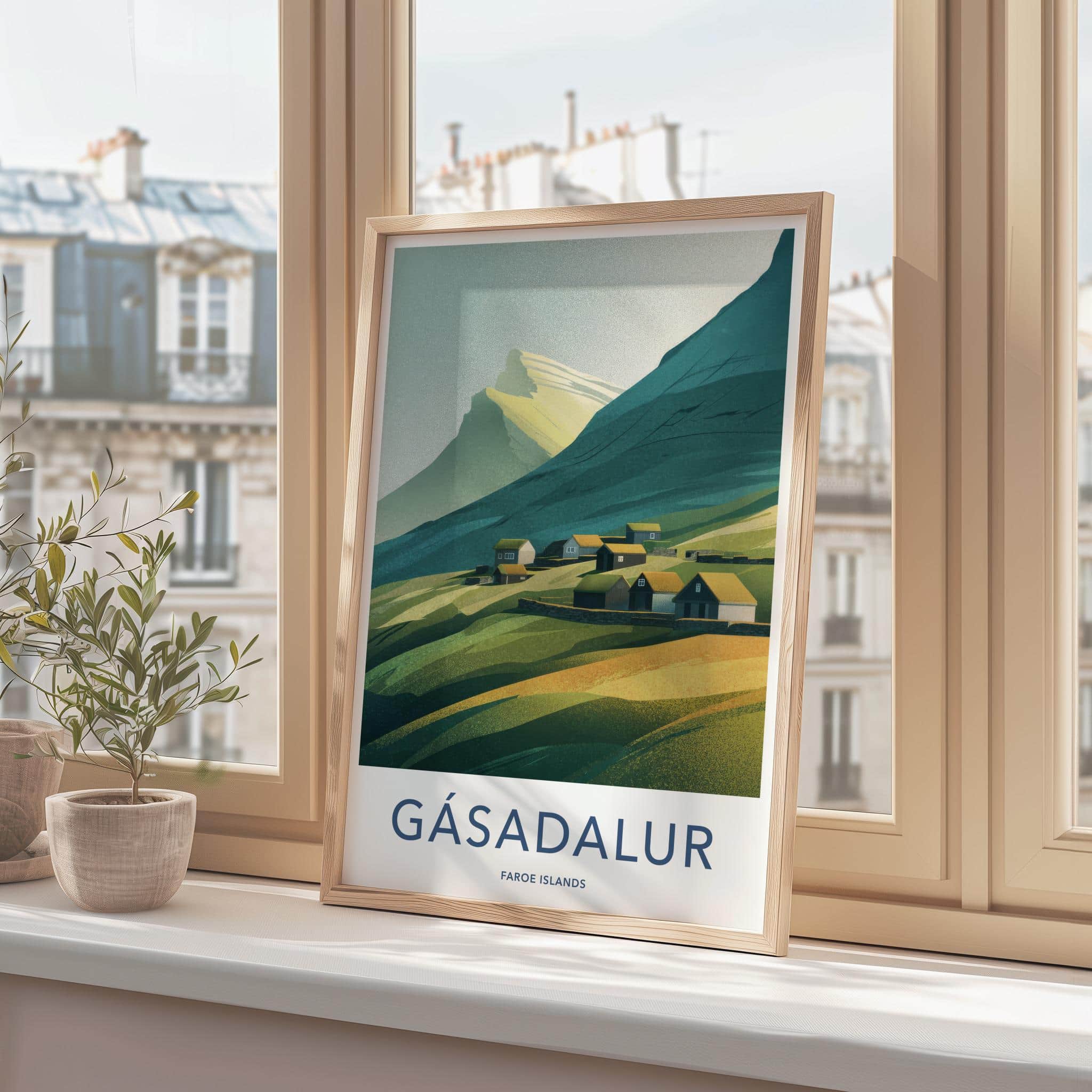 Gasadalur Poster - Faroe Islands Travel Art - Grassy Roof Village Home Decor