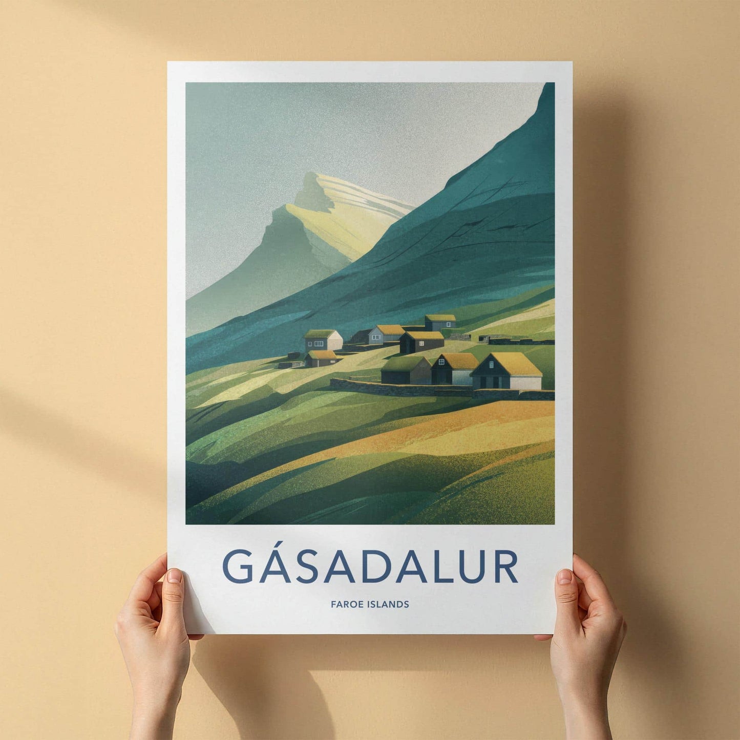 Gasadalur Poster - Faroe Islands Travel Art - Grassy Roof Village Home Decor
