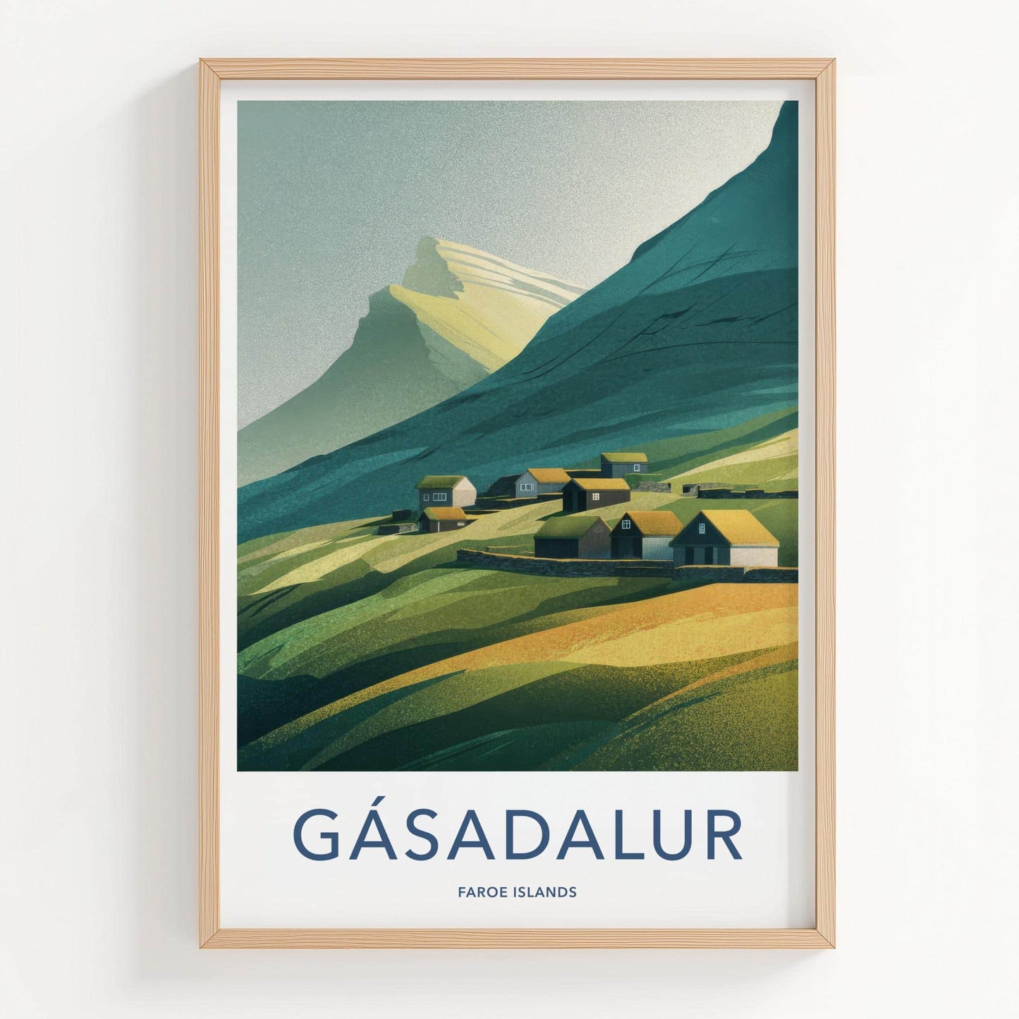 Gasadalur Poster - Faroe Islands Travel Art - Grassy Roof Village Home Decor