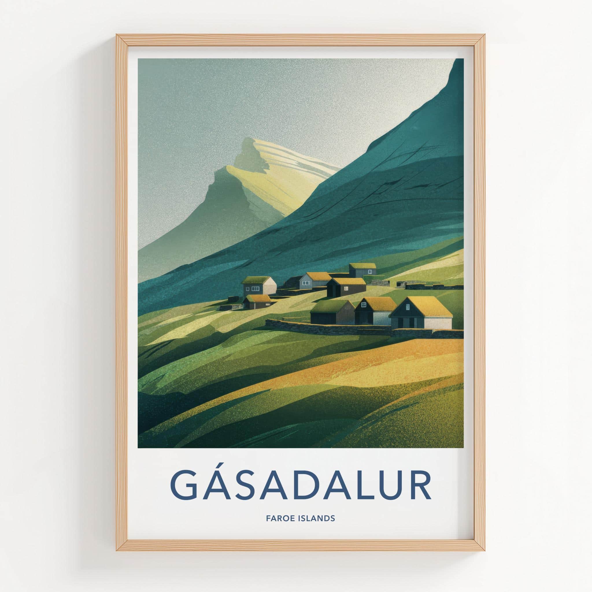 Gasadalur Poster - Faroe Islands Travel Art - Grassy Roof Village Home Decor