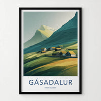 Gasadalur Poster - Faroe Islands Travel Art - Grassy Roof Village Home Decor
