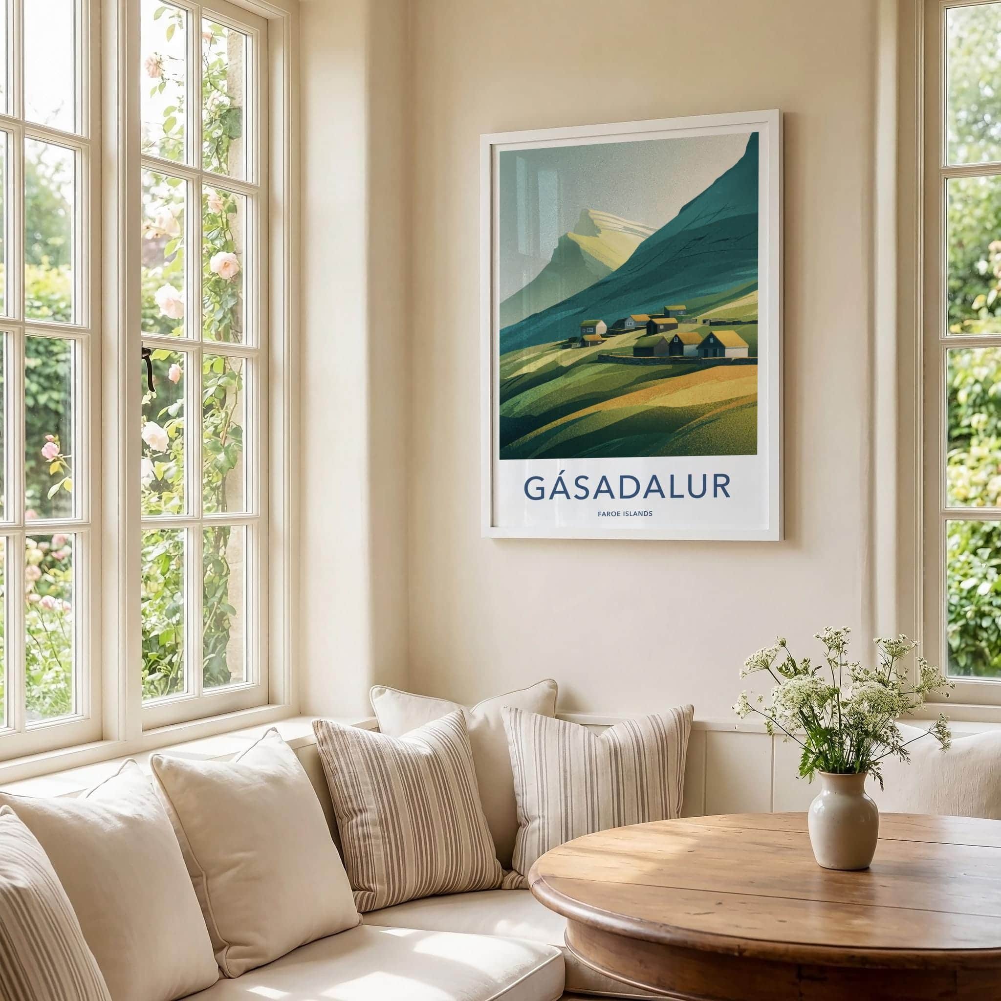 Gasadalur Poster - Faroe Islands Travel Art - Grassy Roof Village Home Decor