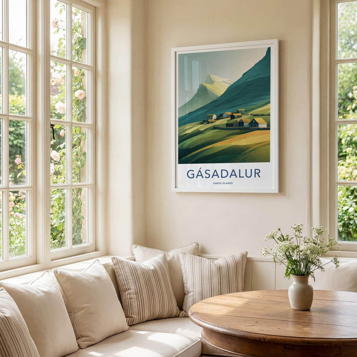 Gasadalur Poster - Faroe Islands Travel Art - Grassy Roof Village Home Decor