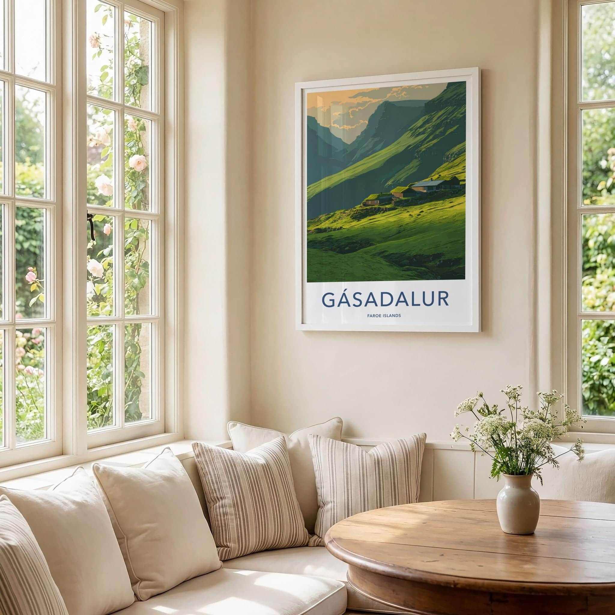 Gasadalur Poster - Faroe Islands Travel Art - Green Hillside Homes Home Decor